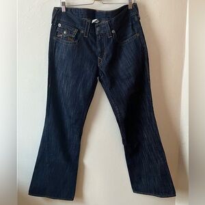 TRUE RELIGION leather patch dark denim flare jeans sz 33
